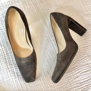 Gucci | Brown Suede Stacked Square Toe Heels